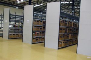 Rows of shelving loaded with boxes