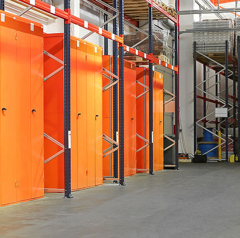 Steel storage lockers in a warehouse