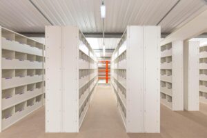 Bays of warehouse shelving