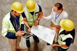 Principal contractor discussing warehouse plan with client
